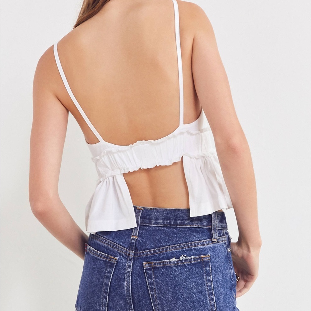White Ruffle Peplum Crop Top | Open Back | Spaghetti Strap | Size S